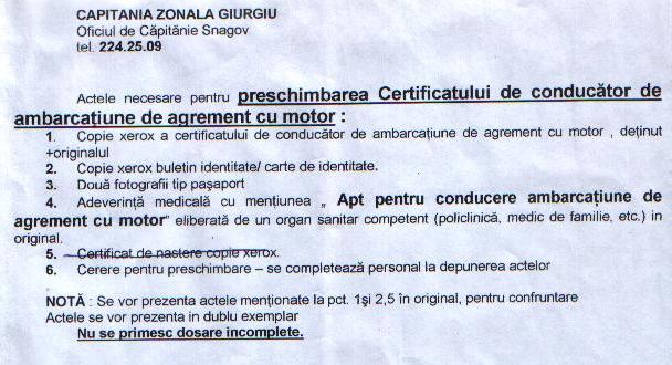 Acte necesare pentru preschimbarea Certificatului de conducator de ambarcatiune de agrement cu motor